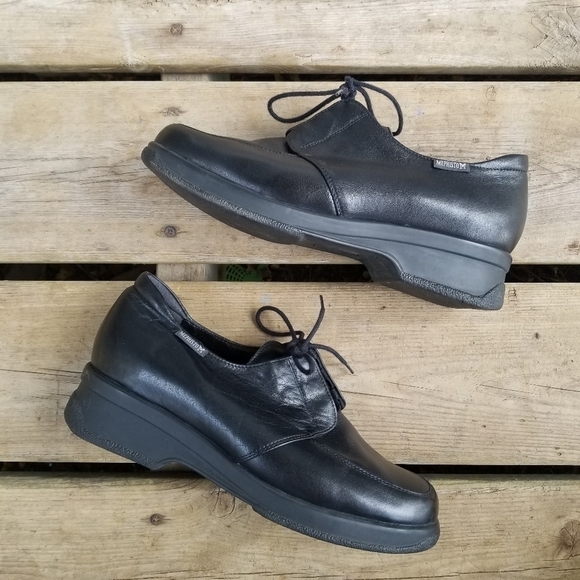 Vintage 90s y2k Mephisto Comfort Square Toe Chunky Heel Black Leather Oxfords 8 - Picture 2 of 10